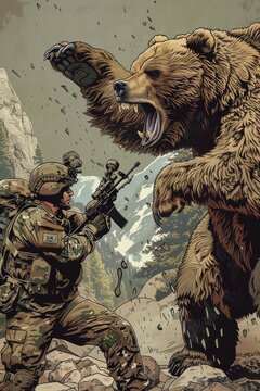 A dramatic scene of a bear attacking a soldier with a gun. Suitable for illustrating dangerous wildlife encounters