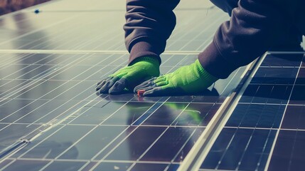 Solar panels being installed on green roof, bright daylight, close-up, hands in action, clear focus 