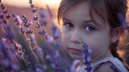 A young girl with electric blue eyelashes is gently smelling violet flowers in a field, surrounded...