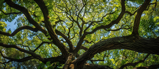 anoramic view of the canopy and branches from below, of an old oak tree in beauntiful south...