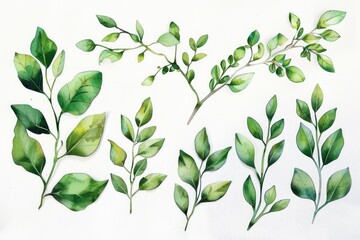 Fresh green leaves on a clean white background, suitable for various design projects
