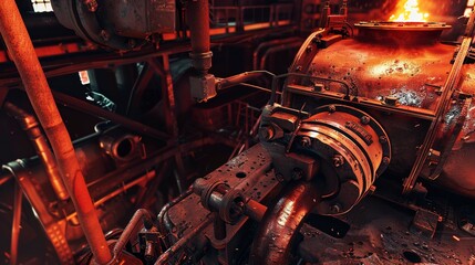 Heavy industrial machinery in a steel mill, intense heat glow, close-up, detailed textures 