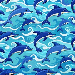 Seamless pattern of playful dolphins leaping through ocean waves, Generative AI