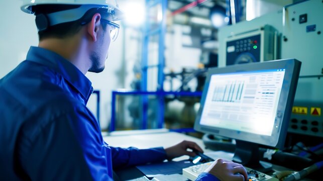 Engineer programming PLC for automation, focused expression, indoor light, close-up on screen 