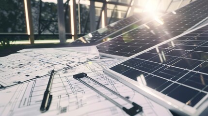 Renewable energy project plans, solar panels diagram, indoor lighting, close-up on documents 