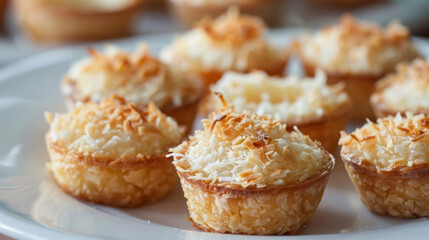 Delicate coconut tarts with golden-brown shredded topping, elegantly served on white dishware, showcasing traditional jamaican dessert cuisine