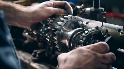 Obraz premium Bearing replacement on heavy machinery, detailed focus, indoor light, close-up on hands and parts