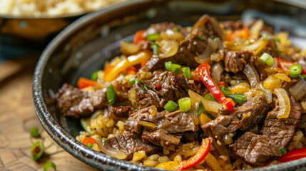 Authentic jamaican beef stir fry with bell peppers, onions, and scallions, served on a traditional skillet, capturing the flavors of the caribbean