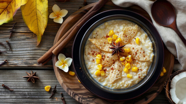 Authentic jamaican cornmeal porridge decorated with corn kernels and spices, served in a rustic bowl with tropical accents on a wooden table