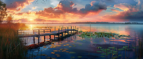 Beautiful summer landscape with a wooden jetty on a lake at sunset, a beautiful sky and lily pads in the foreground, a panoramic view, photo realistic in the style of an impressionist painter
