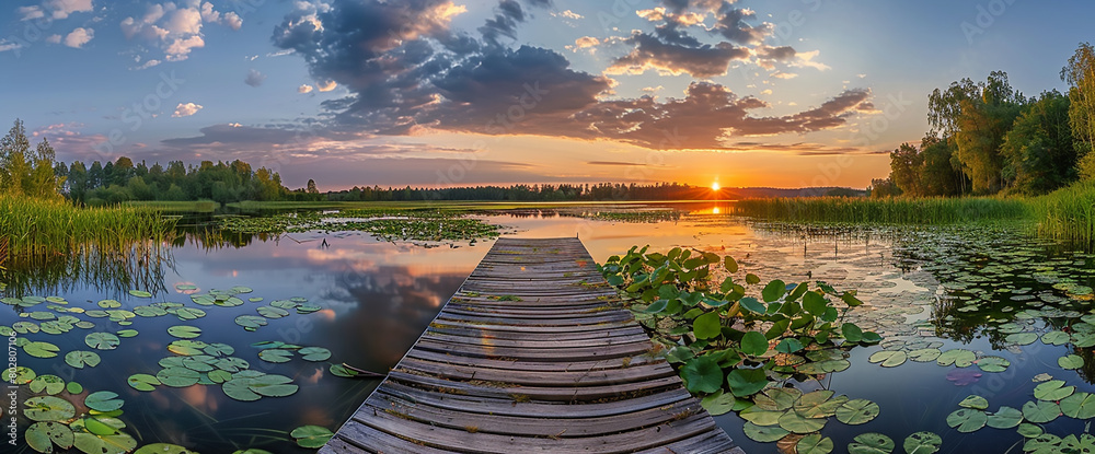 Wall mural Beautiful summer landscape with a wooden jetty on a lake, sunset sky and lily pads in the foreground, detailed panorama