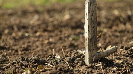 Close-up of a land plot marker in soil, clear, detailed stake, natural background 