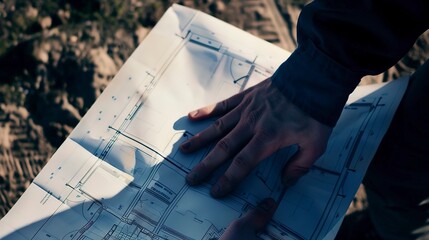 Engineer inspecting a site map, close-up on hands and blueprint, detailed and clear - obrazy, fototapety, plakaty