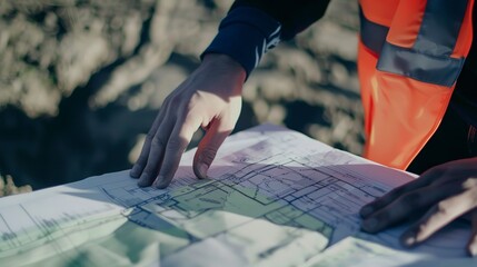 Engineer inspecting a site map, close-up on hands and blueprint, detailed and clear 