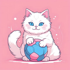 Cute, super fluffy white cat with blue eyes playing with a soft pink ball, fluffy