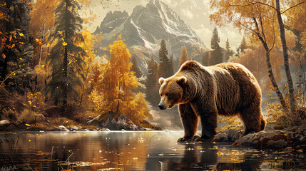 A brown bear leisurely walks through the autumn forest near the river, in unity with its natural habitat.