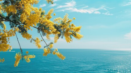 A serene image of a tree with yellow flowers by a calm body of water. Ideal for nature and relaxation concepts