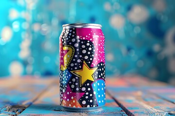 A retro soda can with a pop art design and fizz effect