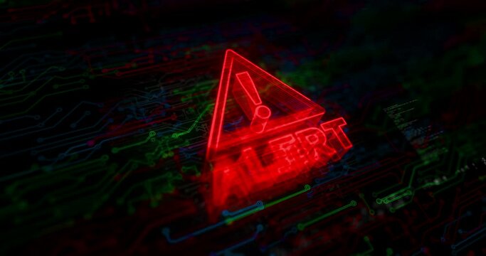 Alert warning exclamation mark colored symbol concept. Network, cyber technology and computer background abstract 3d animation.