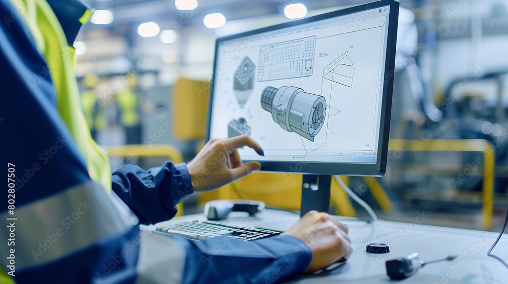 Poster close-up of an engineer using cad software, focused on the computer screen, detailed design visible