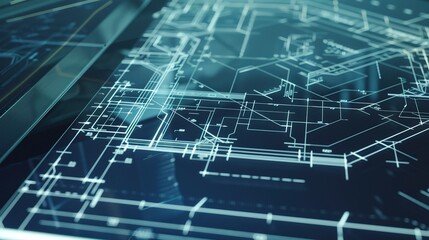 Close-up on CAD blueprints on a digital tablet, clear lines and measurements, focused light 