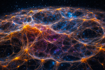 the cosmic web, a vast network of filaments and voids that connect galaxies across the universe. Bright lines, dark areas.