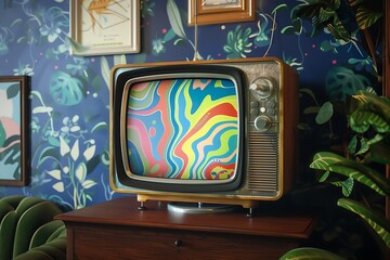 A retro television set with a pop art screen display