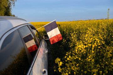 car drives off-road through a blooming yellow rapeseed field on a sunny day. A French flag sticks...