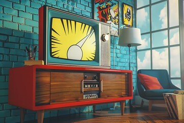 A retro television set with a pop art screen display