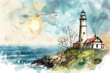 Beautiful watercolor painting of a lighthouse on a cliff. Perfect for coastal themed designs