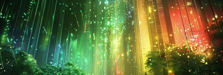 a green tree stands tall amidst a lush forest, illuminated by neon lights