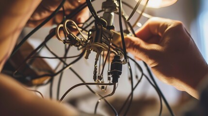 Obraz premium Close-up of hands wiring a restored light fixture, detailed connections, clear focus 