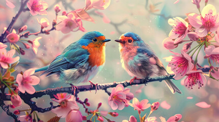 Colored cute birds on a blossoming sakura branch