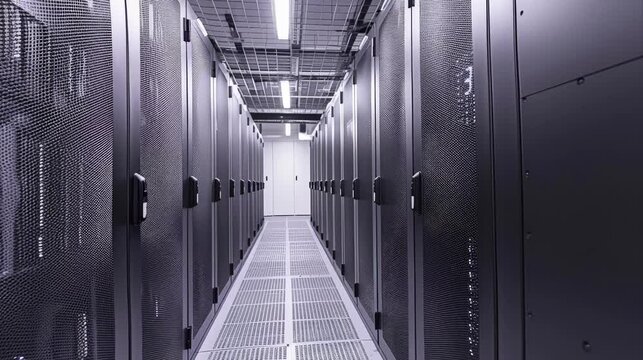 Sleek and Secure Data Center Hallway Lined with High-Capacity Server Cabinets.Long corridor in a data center, flanked by secured server cabinets, showcasing modern network infrastructure.