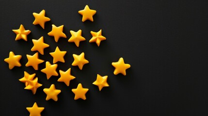 Clay yellow stars isolated on black background, style 3D, starry night.