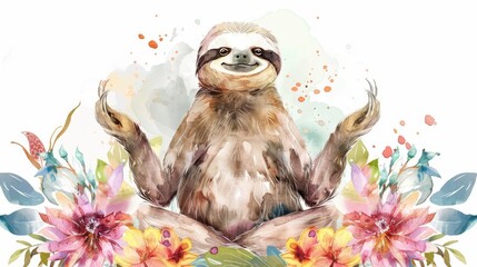 Obraz premium A watercolor painting of a sloth sitting peacefully in a lotus position. Great for relaxation and mindfulness concepts
