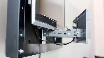 Mounting a flat-screen TV in a living room, close-up, detailed brackets and cables, clear setup