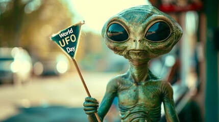 Portrait of a cute and kind alien standing in the afternoon on the side of the road with a flag with the inscription World UFO Day, selective focus