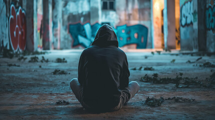Solitary figure sits cross-legged, back to the viewer, in a dimly-lit, graffiti-strewn abandoned building, evoking a sense of isolation and contemplation.