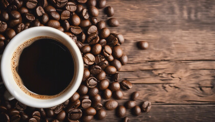 Naklejka premium Espresso and coffee beans on wooden background, copy space for text, top view