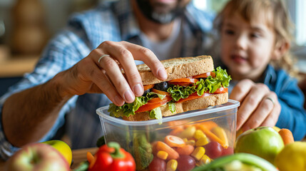 A father packing a hearty sandwich for his child's lunch, with plenty of protein and veggies to keep them fueled throughout the day. Compassion and care, responsibility, respect, t