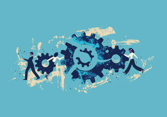 Cogwheel Teamwork: Organization Collaboration, Community Success Concept - Businesspeople on Gear Working Together - Cooperation Vector Illustration