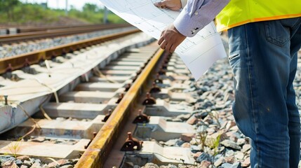 Close-up of an engineer reviewing blueprints beside a railway track, detailed focus on plans 