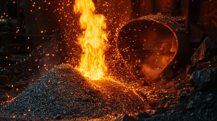 Light from high temperature Iron molten metal pouring in green sand mold. Foundry process to manufacture cast product for automotive and electrical, industrial engineering metallurgy background.