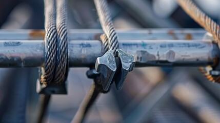 Bridge cable tensioning process, close-up, detailed strands and clamps, clear focus --ar 16:9 --stylize 0 Job ID: 58abe3ad-898d-43fa-b9aa-f0db88450310