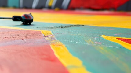 Obraz premium Close-up on painting road markings, detailed spray gun and vibrant paint 