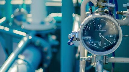 Close-up of a water flow meter on a treatment plant, detailed gauge, clear and focused 