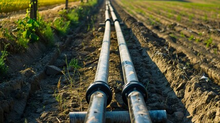 Installation of irrigation pipes in an agricultural field, close-up, clear focus on connections 