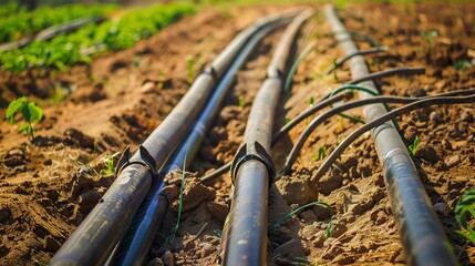Installation of irrigation pipes in an agricultural field, close-up, clear focus on connections 