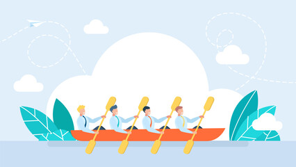A group of men in a boat are rowing synchronously. Cooperation of businessmen. Team member rowing boat. Teamwork concept. Business collaboration. Vector illustration